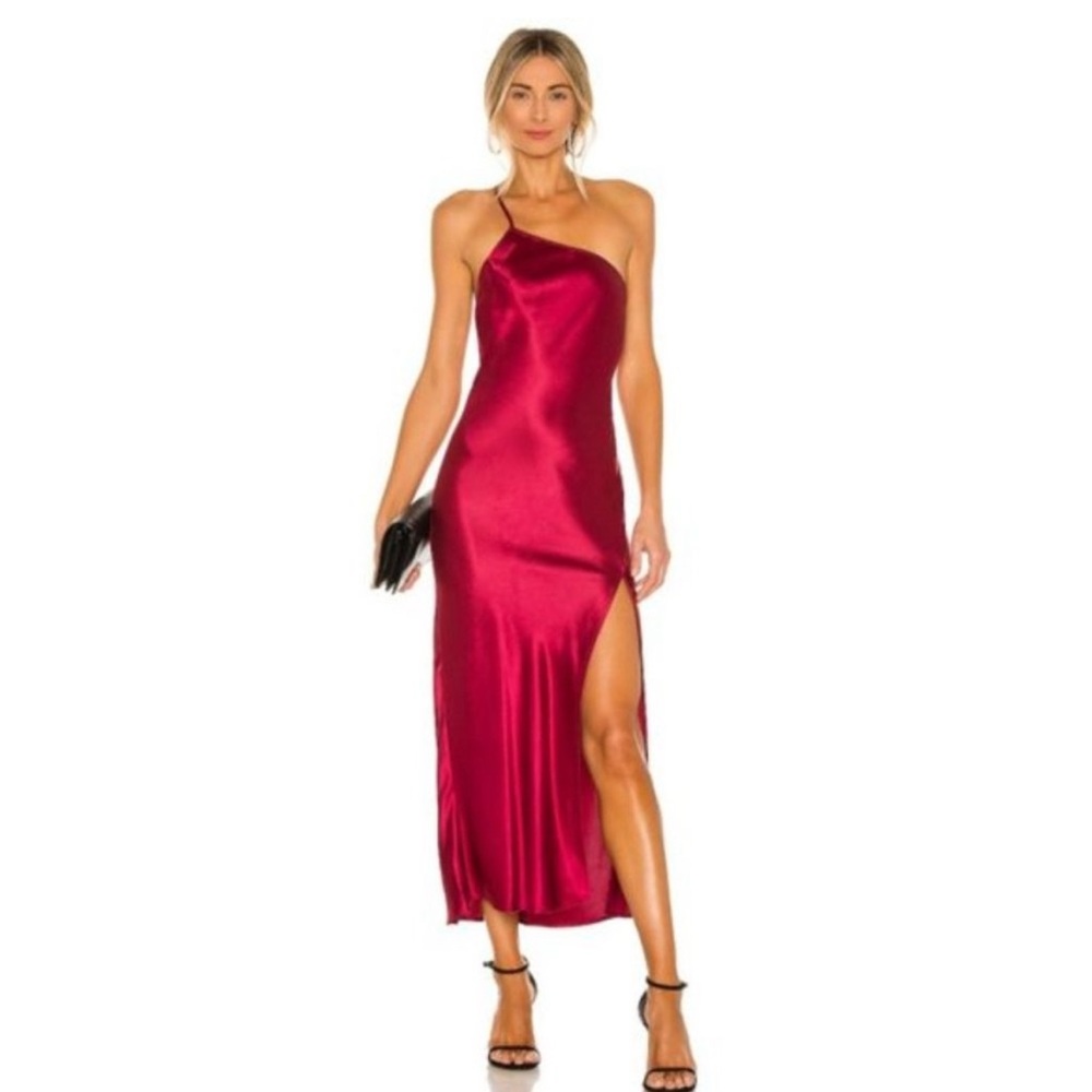 NBD Mara Midi Dress Size M, One Shoulder Satin Crimson Red New NWT